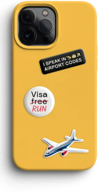 Жёлтый чехол со стикерами airport codes, Visa free RUN, самолёт